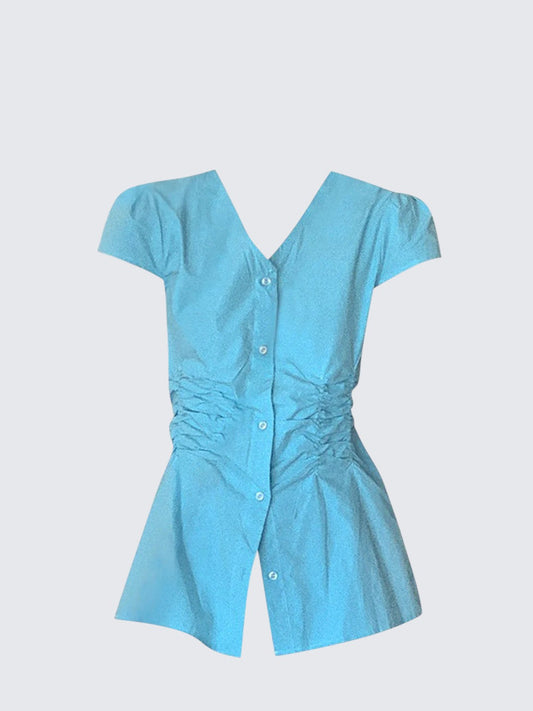 French V-Neck Pleated Waist Shirt