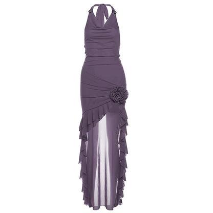 Soft Elegant Cowl-Neck Halter Sleeveless Ruffled Panel Figure-Flattering Asymmetrical Dress