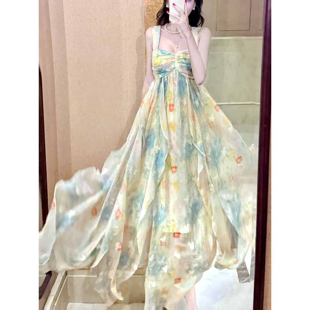 French Ruffle Butterfly Embroidered Spaghetti Strap Gown Dress