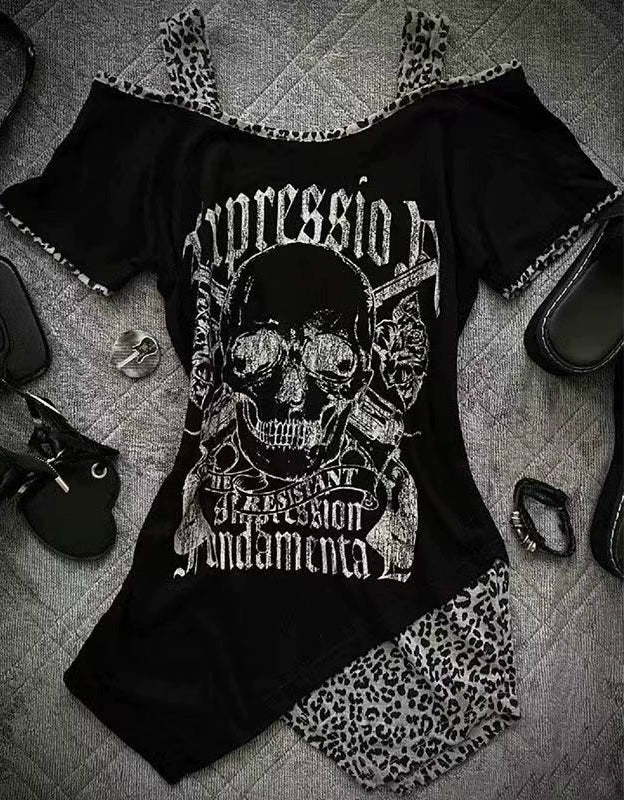 Black Punk Y2K E-girl Vintage Off-Shoulder Print Slim-Fit Short Sleeve Top