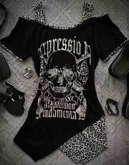 Black Punk Y2K E-girl Vintage Off-Shoulder Print Slim-Fit Short Sleeve Top
