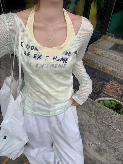 Blue & Gray Two-Piece Set Light Subculture Y2K E-girl American Retro Long Sleeve T-shirt & Printed Camisole Set