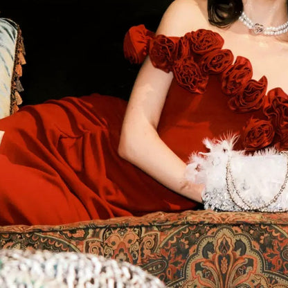 Red Rose Embroidered Mermaid Gown Prom Dress