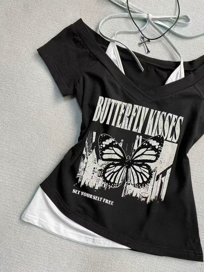 Black Vintage Fake Two-Piece Halter Y2K T-Shirt