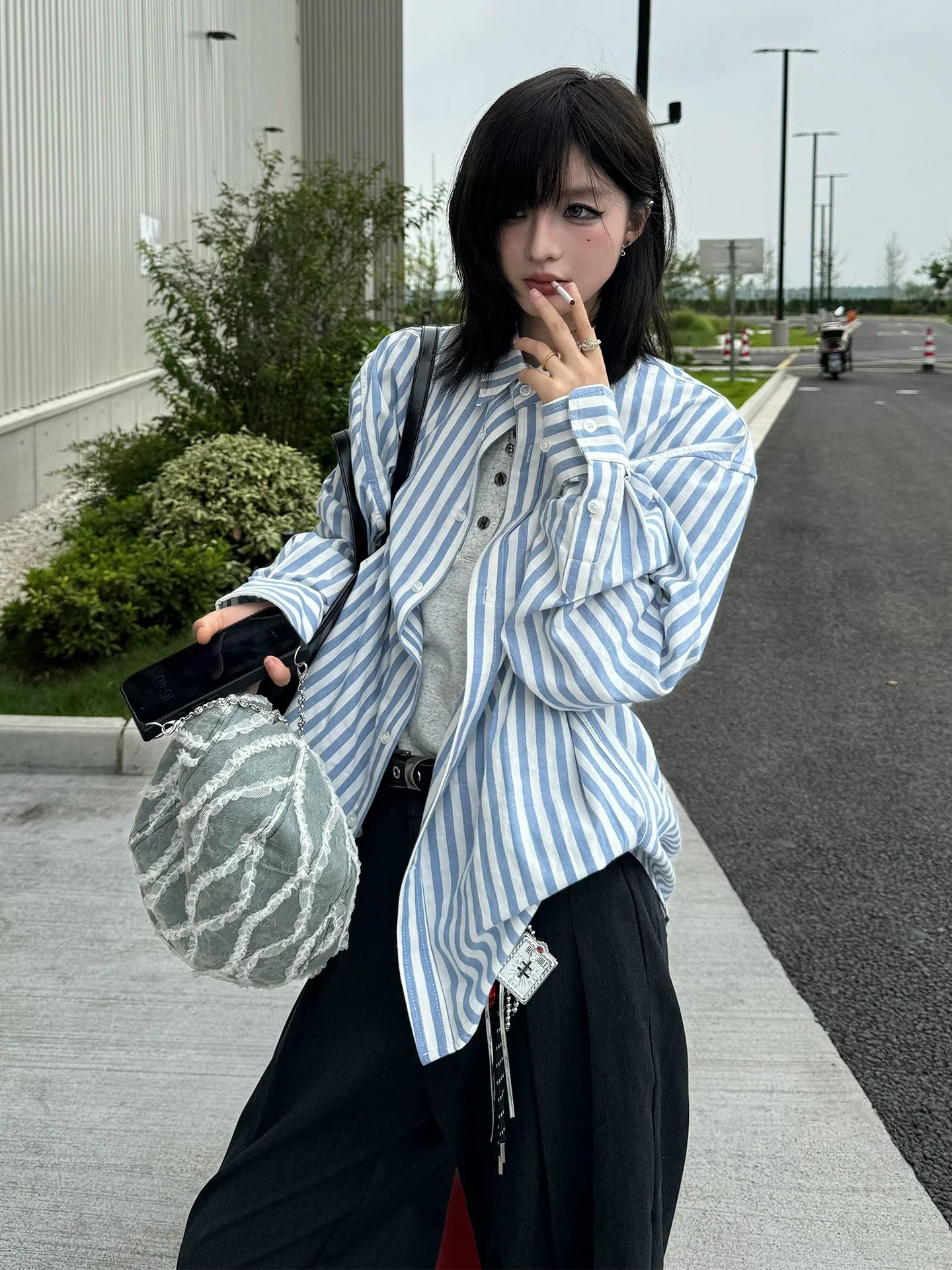 Nautical Blue White Stripe Shirt Jacket  Early Autumn Old Money Loose Long Sleeve Outerwear
