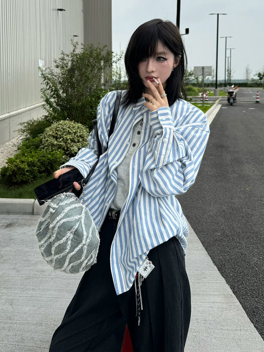 Nautical Blue White Stripe Shirt Jacket  Early Autumn Old Money Loose Long Sleeve Outerwear
