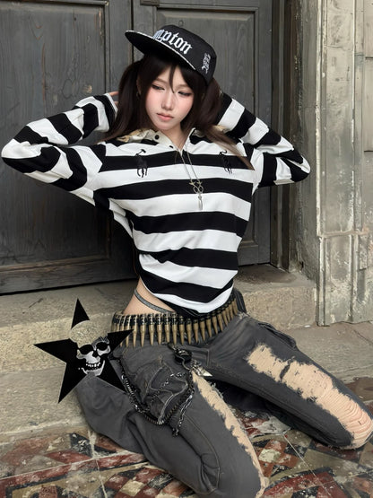 American Vintage Black & White Stripe Long Sleeve Tee Leopard Polo Top
