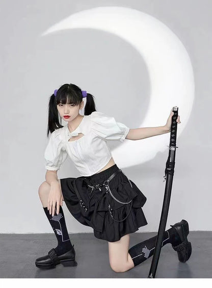 Black Skirt + Suspender Waist Chain Two-Piece Set Subculture Punk Y2K E-girl Gothic Harajuku High-Waisted Asymmetrical A-line Skirt