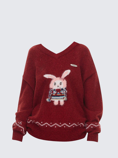 Red V-Neck Fluffy Bunny Sweater