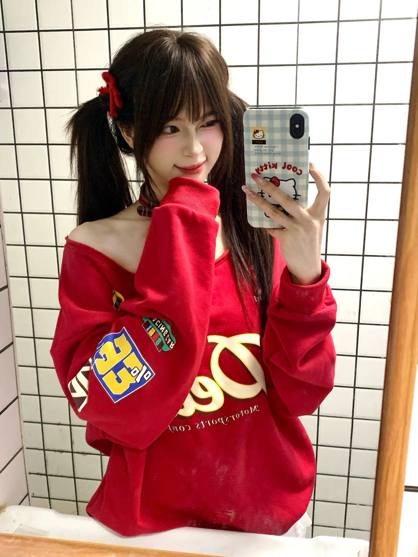 American Red Slanted Shoulder Hoodie Autumn Retro Letter Print Loose Fit Spicy Girl Top