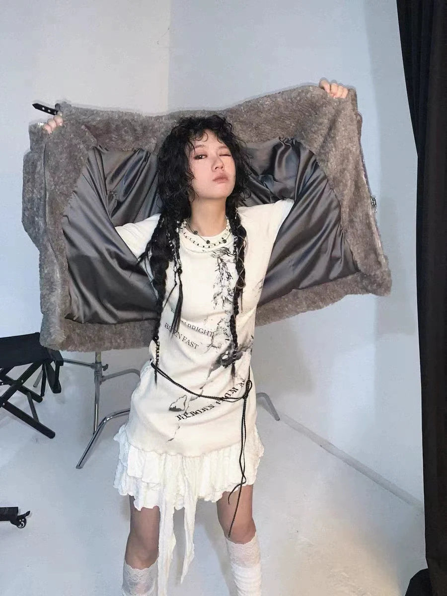 Herbal Green Punk Y2K E-girl Mid-Length Print Slim-Fit Covering-Hip Knit Short Sleeve Top