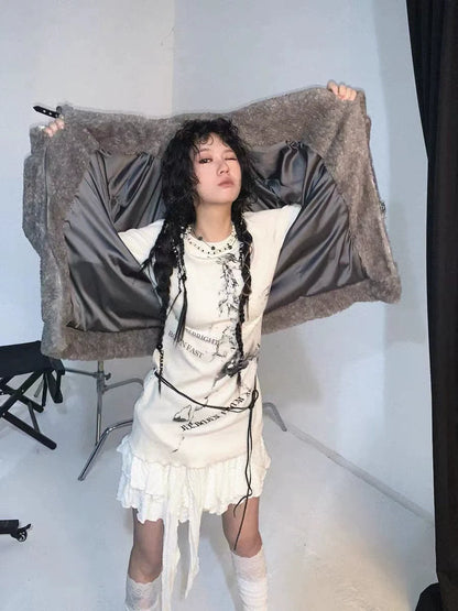 Herbal Green Punk Y2K E-girl Mid-Length Print Slim-Fit Covering-Hip Knit Short Sleeve Top