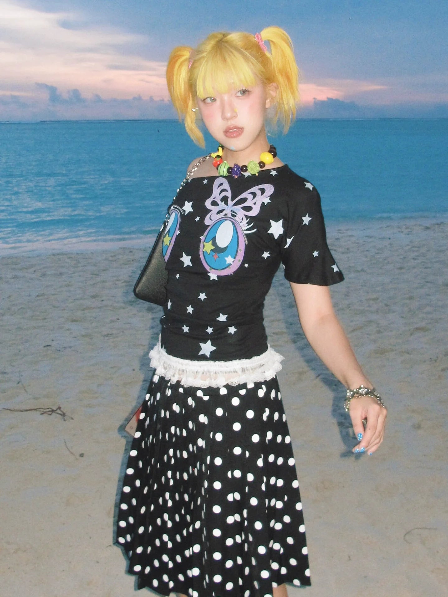 Y2K Comic Eye Print Off-Shoulder Tee Slim Fit Retro Alt Girl Top