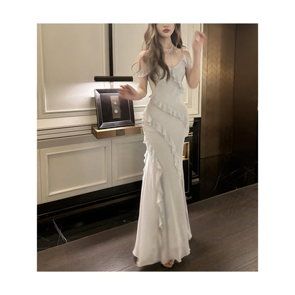 French Blue Ruffle Halter Mermaid Gown Dress