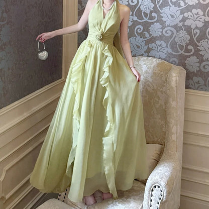 French Holiday Ruffle Halter Tulle Gown Dress