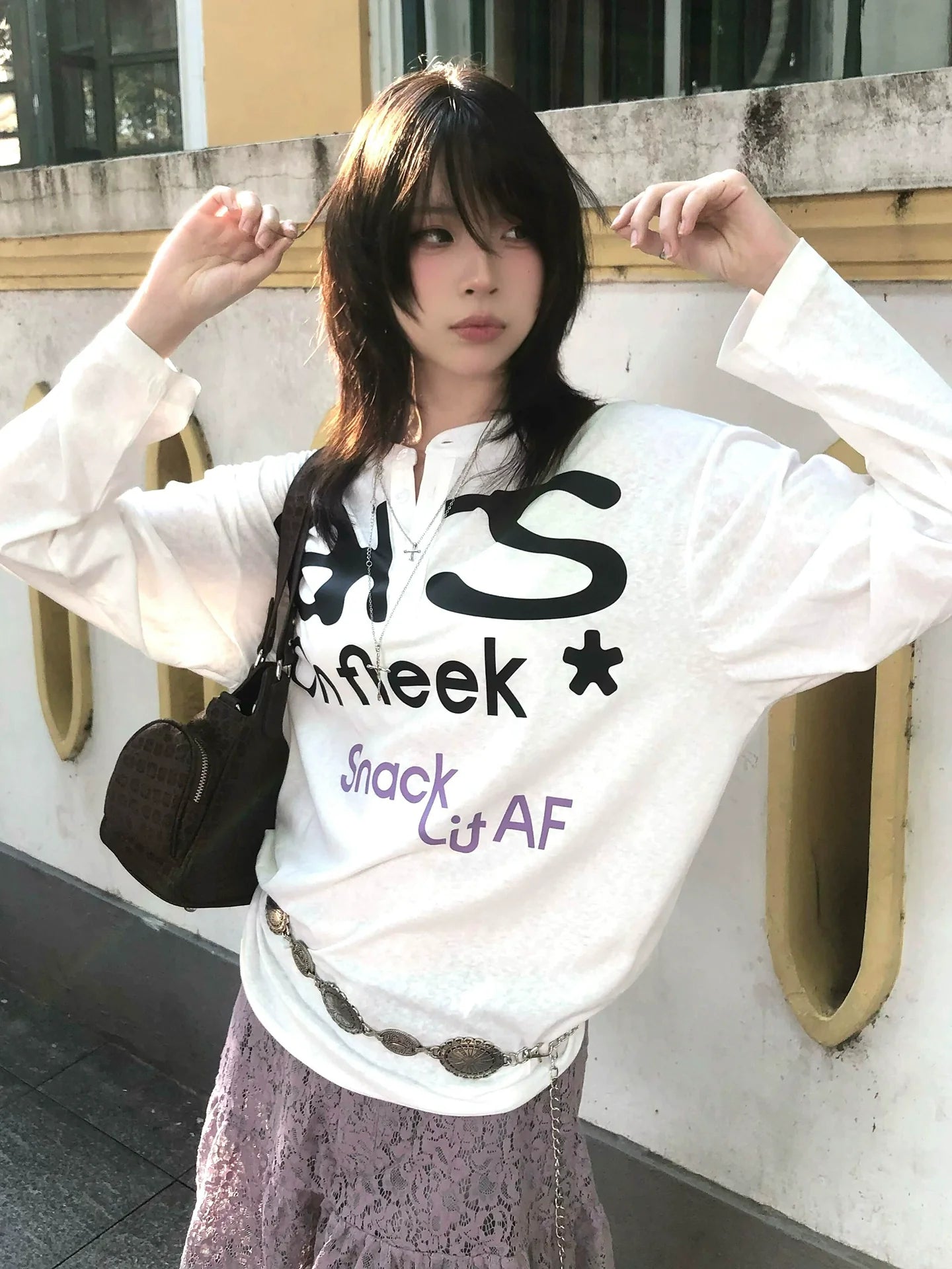 Retro White Henley Long Sleeve Tee