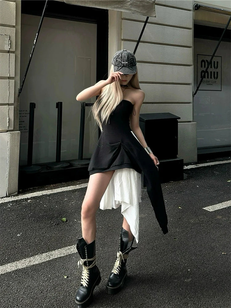 Black Tube Top Open-Back Asymmetrical Midi Dress