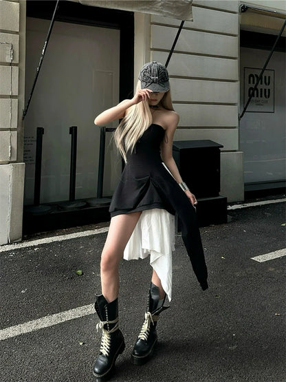Black Tube Top Open-Back Asymmetrical Midi Dress