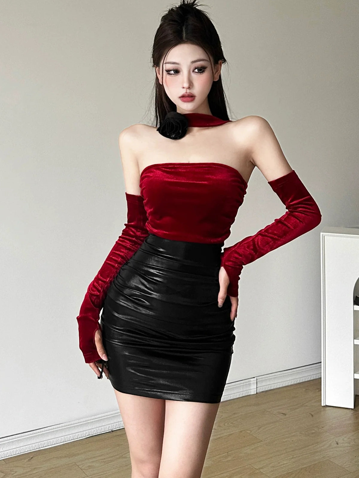 Cold & Chic Boss Lady Color-Block PU Leather Halter Dress With Arm Sleeves