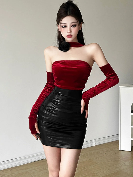 Cold & Chic Boss Lady Color-Block PU Leather Halter Dress With Arm Sleeves