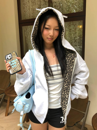 Retro Leopard Ear Hoodie Zip Up Top