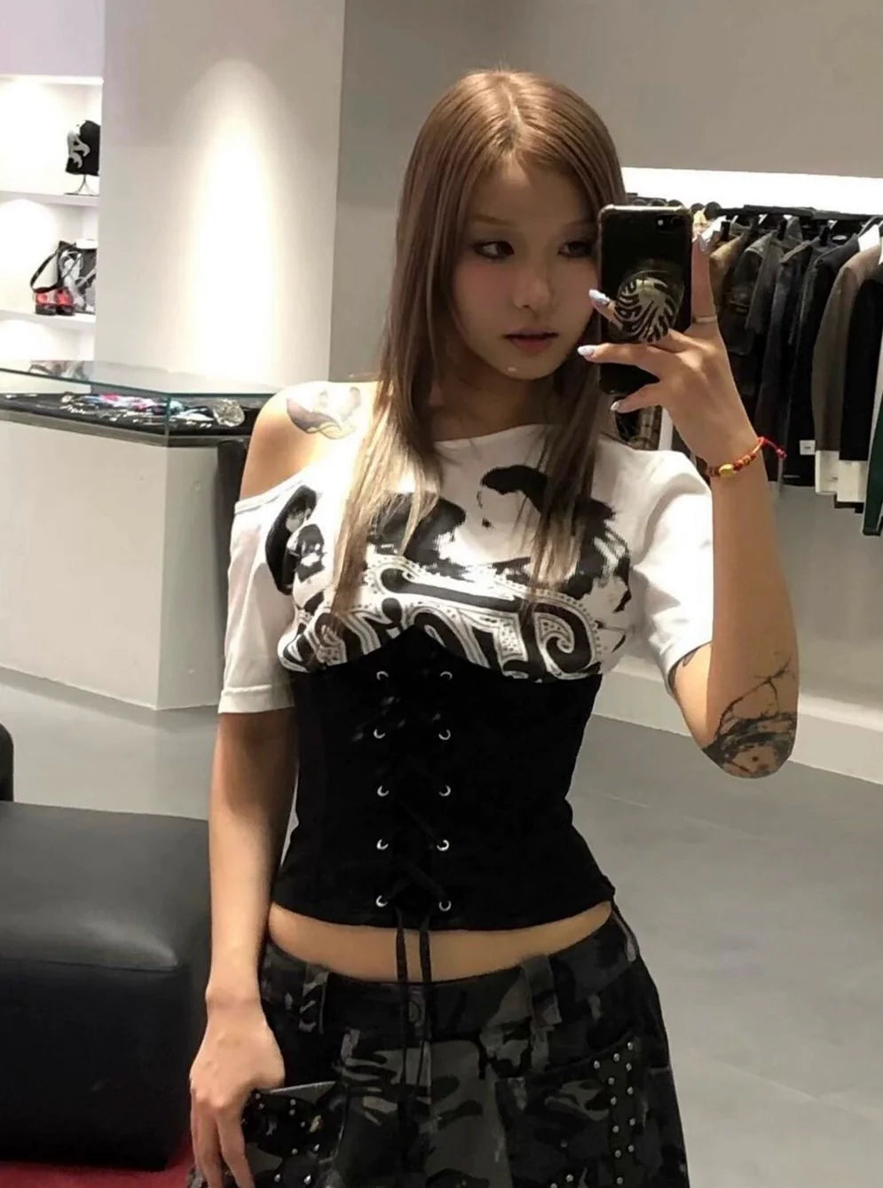 Tie-Waist Cinched Subculture Y2K E-girl Light Subculture American Retro Tie-Waist Short Sleeve Top