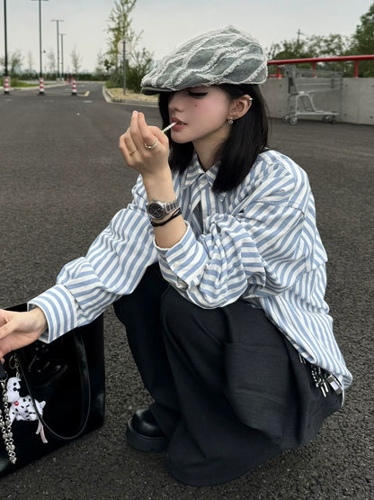 Nautical Blue White Stripe Shirt Jacket  Early Autumn Old Money Loose Long Sleeve Outerwear