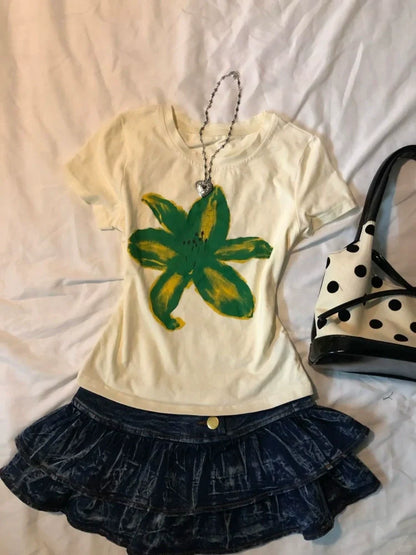 Yellow Subculture Y2K E-girl Abi American Retro Vintage Early Print Short Sleeve Top