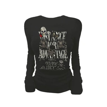 Black Gothic Rock Punk Skull Print Slim Long-Sleeve Y2K T-Shirt