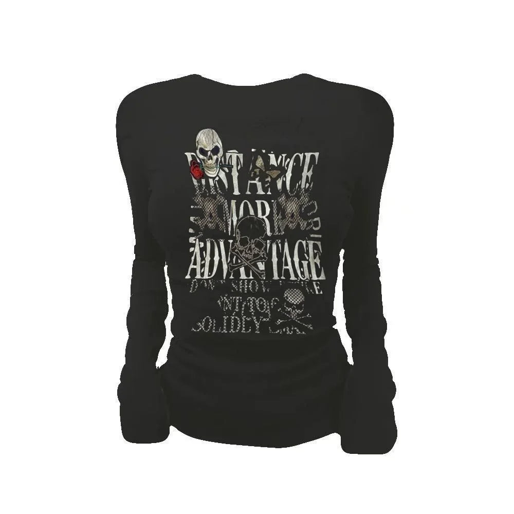 Black Gothic Rock Punk Skull Print Slim Long-Sleeve Y2K T-Shirt