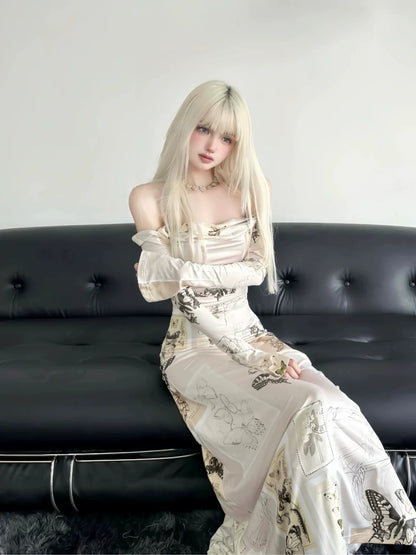 Off-Shoulder Butterfly Print Long-Sleeve Bodycon Midi Dress