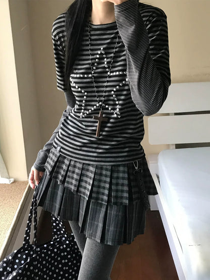 Y2K Star Rhinestone Stripe Long Sleeve Top for Autumn