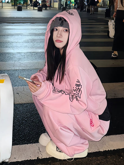 Vintage Pink Gothic Hoodie Zip-Up Jacket for Autumn Winter