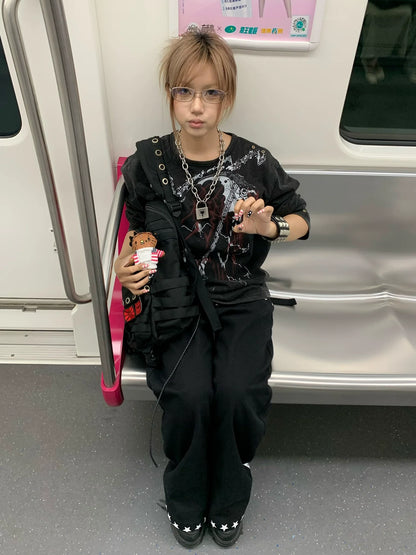 Vintage Distressed Long Sleeve Tee Loose Fit Top