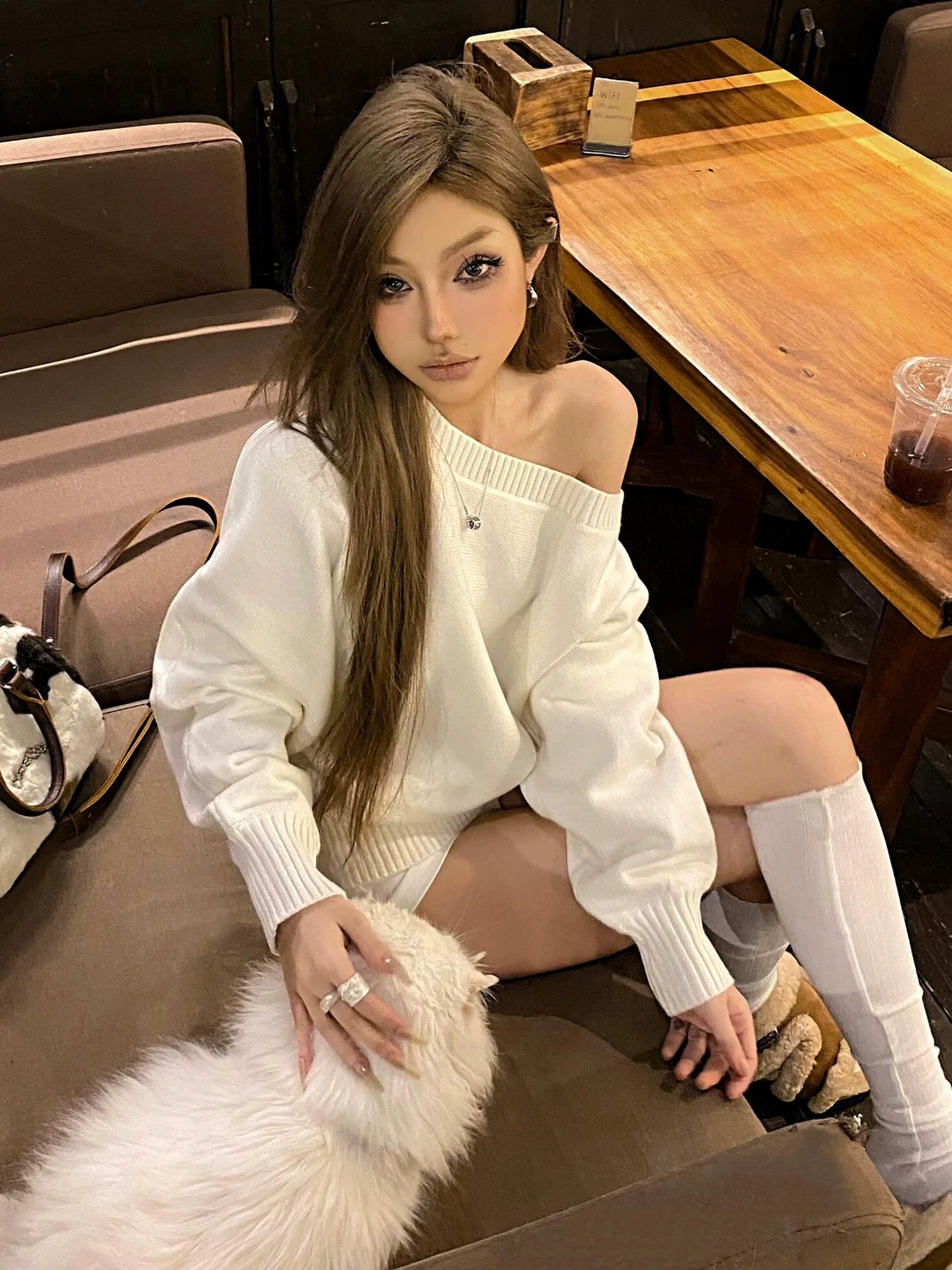 Off-Shoulder Relaxed Knit Sweater Soft Drape Elegant Lazy Fit