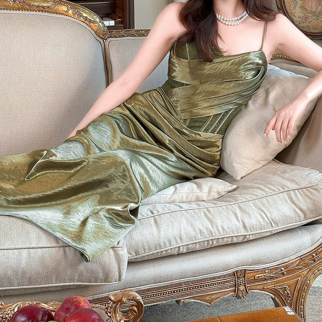 French Satin Luxury Spaghetti Strap Mermaid Gown Dress