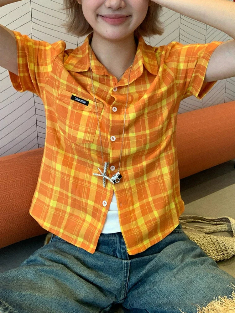 American Plaid Fitted Short Sleeve Shirt Bright-Tone Checkered Cropped Top