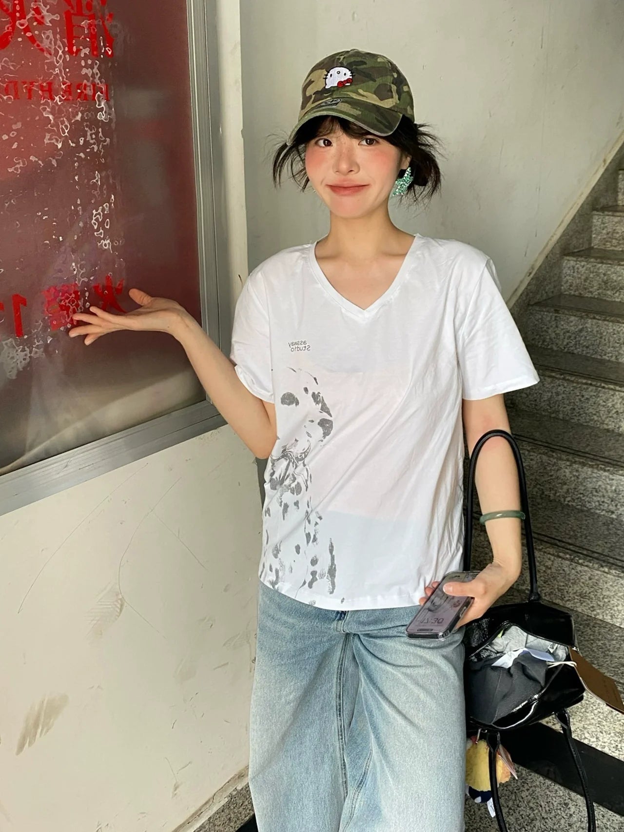 American Dalmatian Print V-Neck Tee White Loose Summer Top