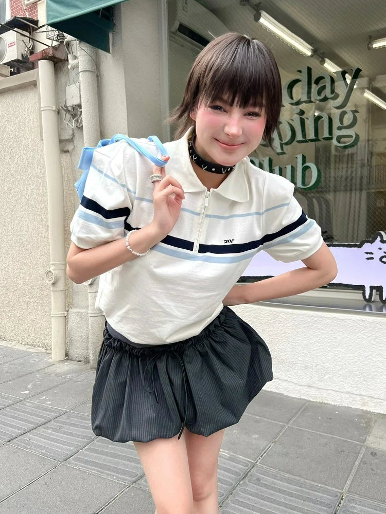 White Polo Tee Smart Academic Stripe Short Sleeve Top