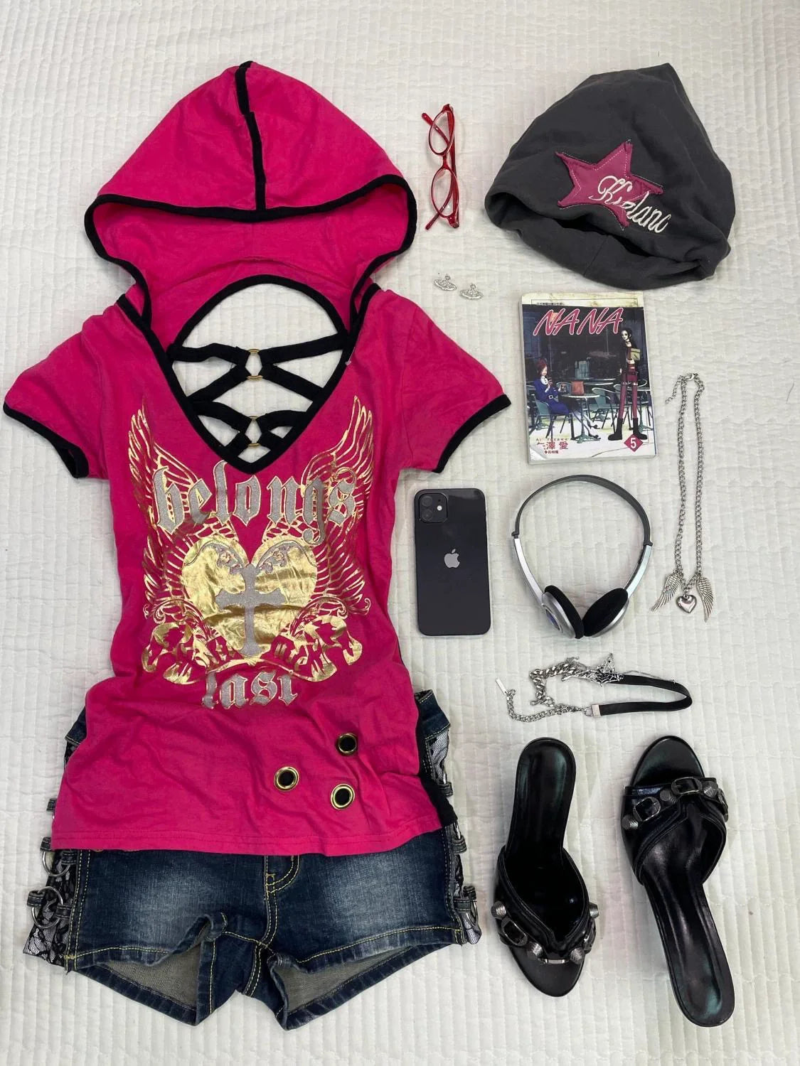 Open-Back Hooded Subculture Y2K E-girl Abi American Retro Open-Back Hooded Light Subculture Short Sleeve Top