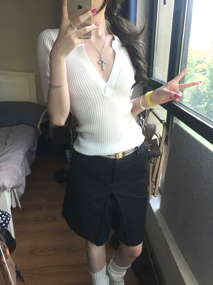 Old Money Deep V Knit Top Elegant Short Sleeve Slim Fit T-Shirt