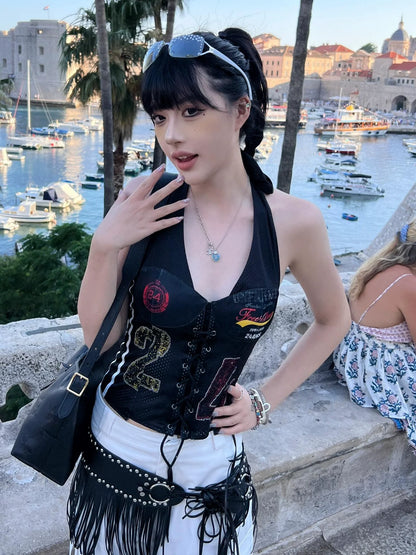 Retro Jersey Halter Crop Tank Asymmetric Hot-Girl Top