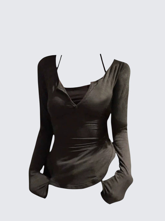 Pure Desire V-Neck Sheer Slim Long Sleeve Top