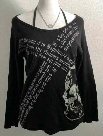 Black Subculture Gothic Rock Punk Y2K E-girl Skull Print Oversized Long Sleeve Top