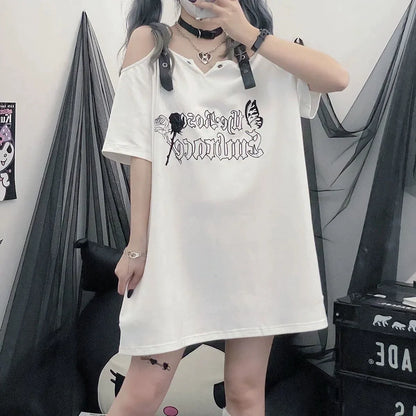 Black Misty Butterfly Print Off-The-Shoulder Mid-Length Oversized Y2K T-Shirt