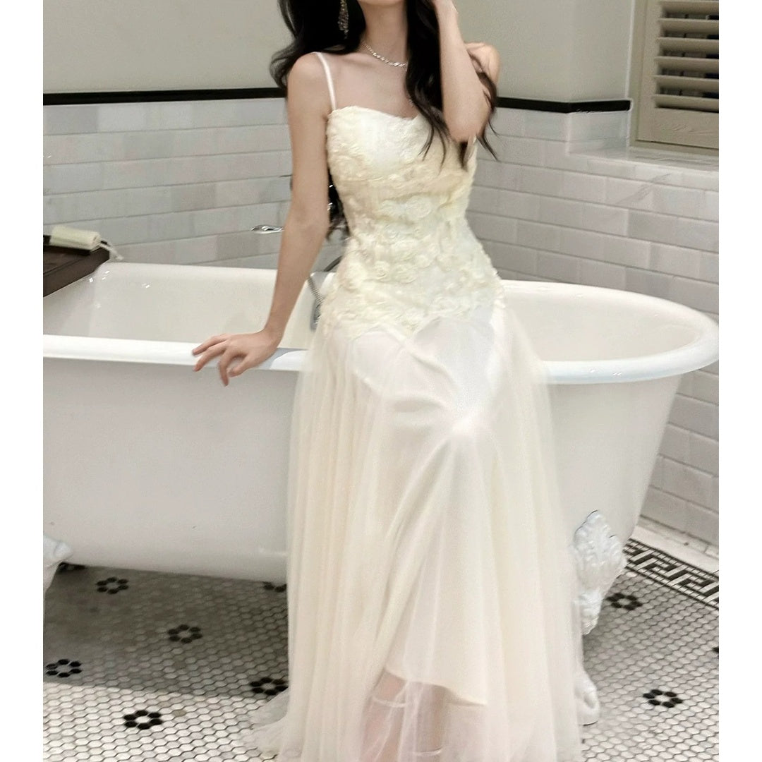 French 3D Flower Heavywork Spaghetti Strap Gown Dress