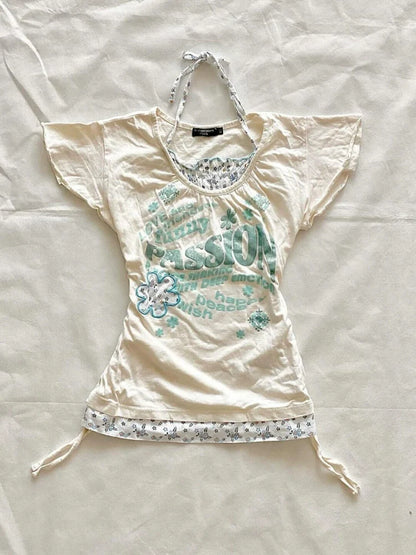 Floral Halter Fake Two-Piece Tie Y2K T-Shirt