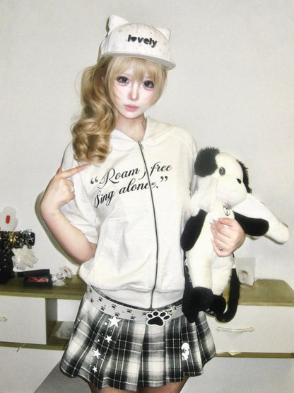 Y2K Light Subculture Hooded Short Sleeve Cardigan Vintage Print Layered Top