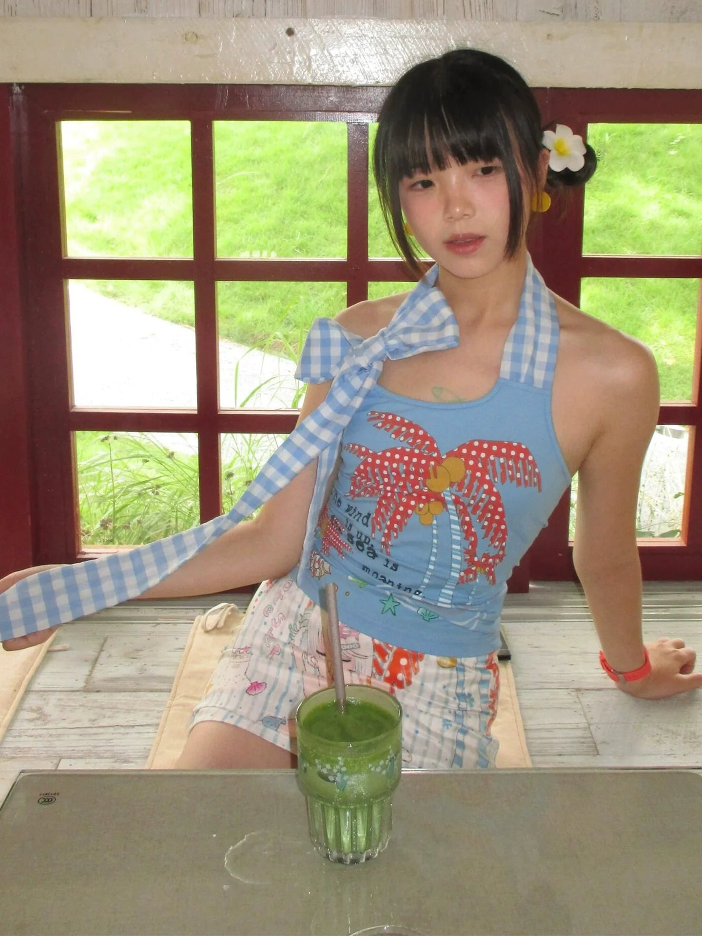 Blue Tropical Print Halter Neck Y2K Crop Top