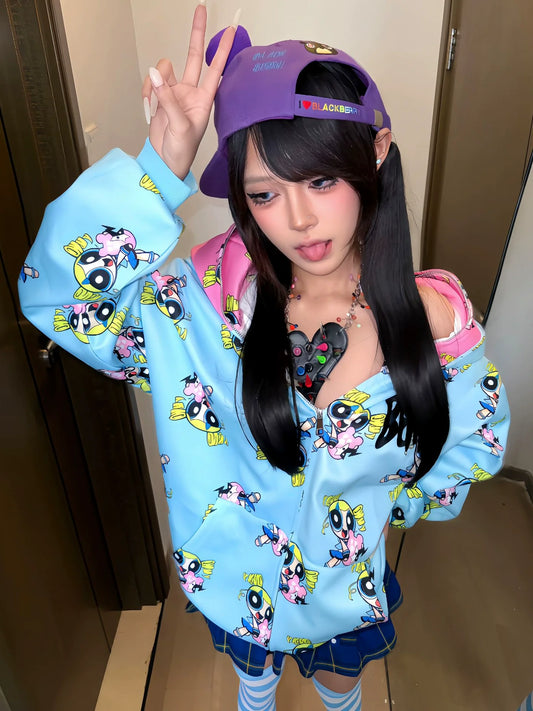 Powerpuff Girls Hoodie Double Hood Y2K Zip-Up Jacket